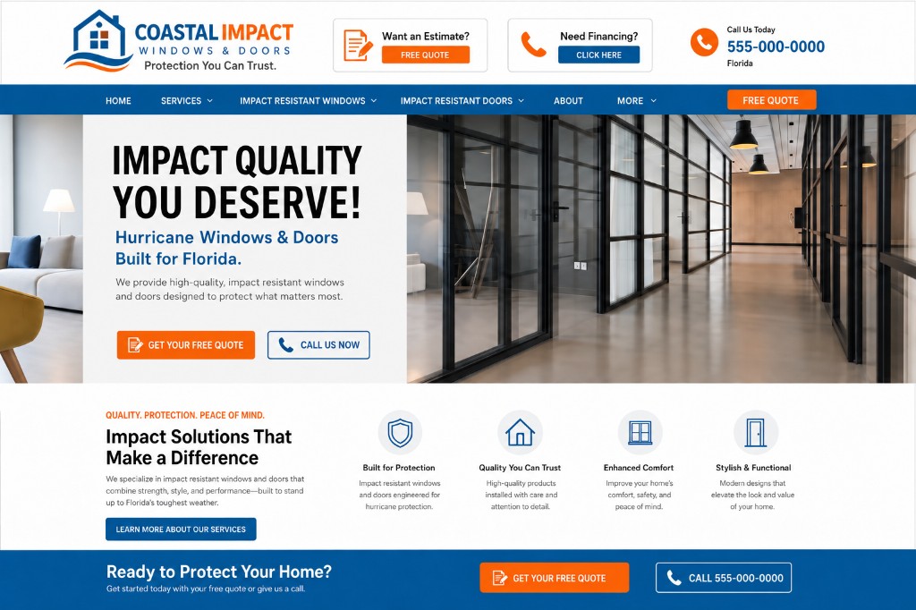 Example modern website for Coastal Impact Windows and Doors