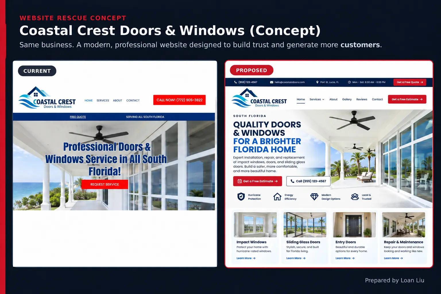 Coastal Crest Doors and Windows website rescue: current site versus proposed redesign