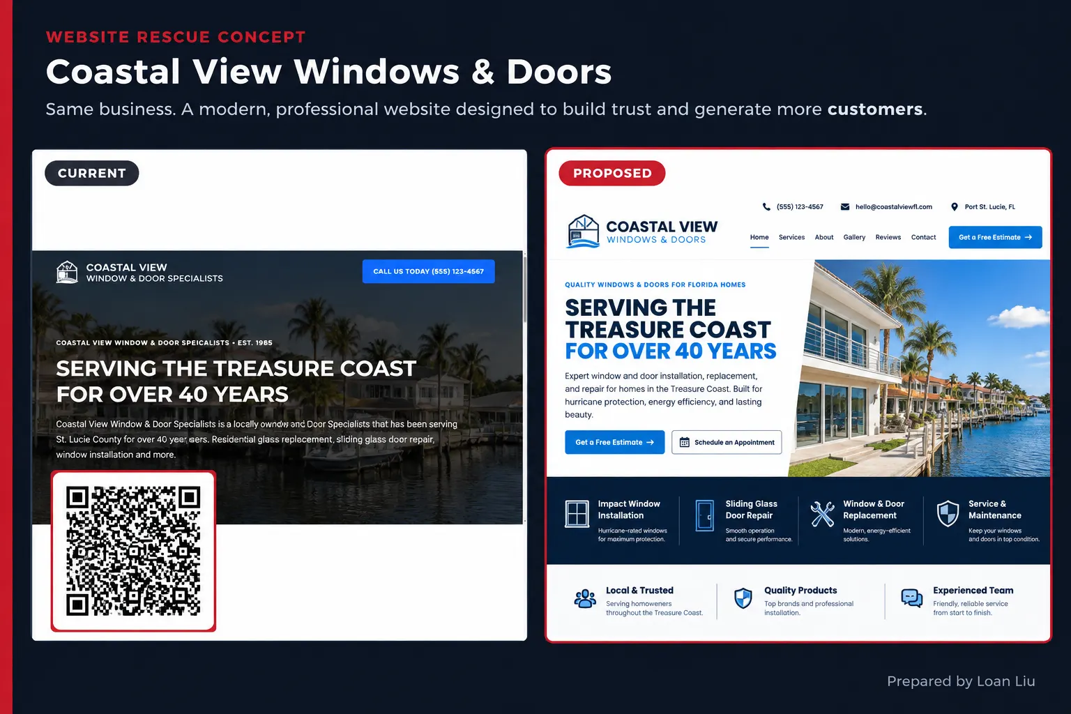 Coastal View Windows and Doors website rescue: current site versus proposed redesign