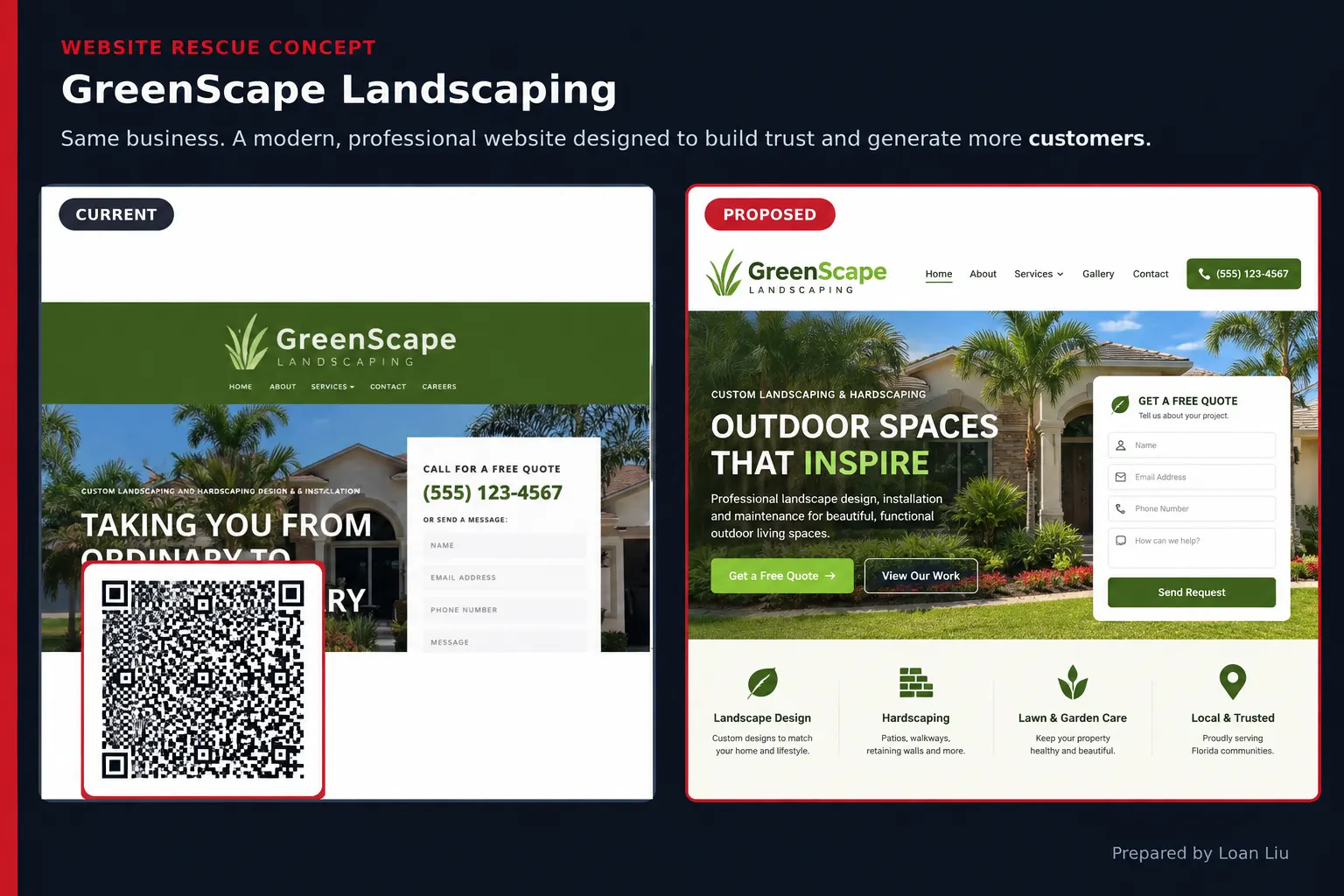 GreenScape Landscape website rescue: current site versus proposed redesign