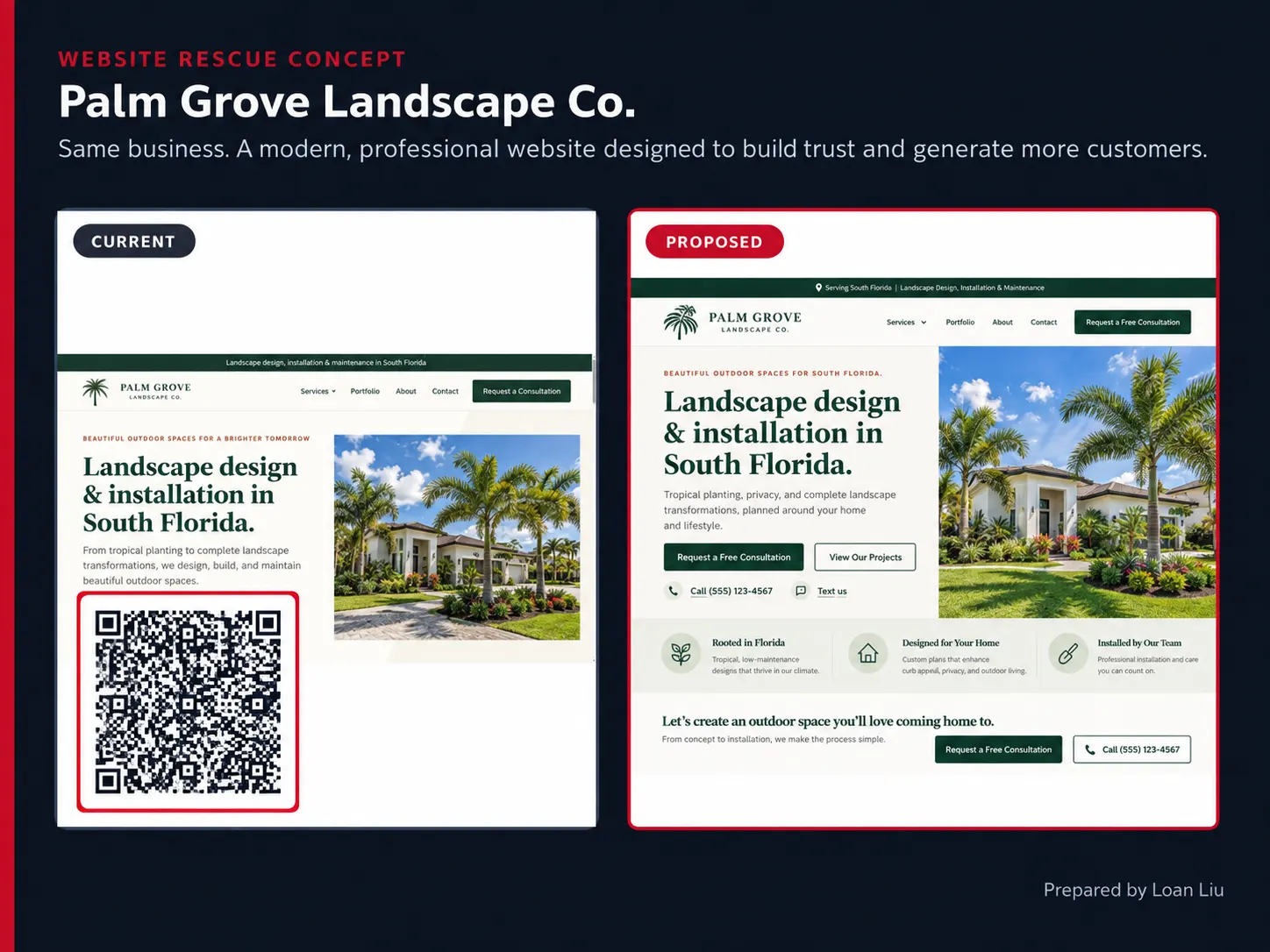Palm Grove Landscape website rescue: current site versus proposed redesign